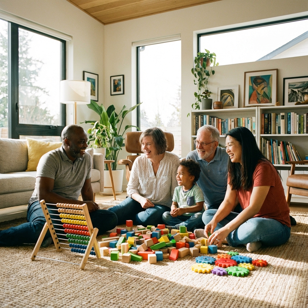 Happy family playing with toys